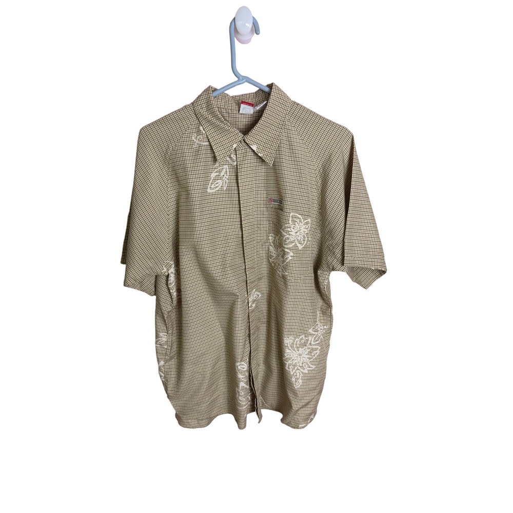 Ocean Pacific OP‎ Button Down Shirt Medium Tan Gingham Hibiscus Floral Y2K Surf